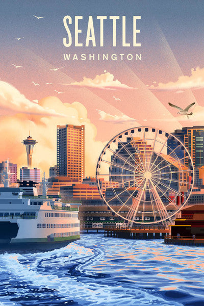 Seattle, Washington - Lithograph - Waterfront - Lantern Press Postcard