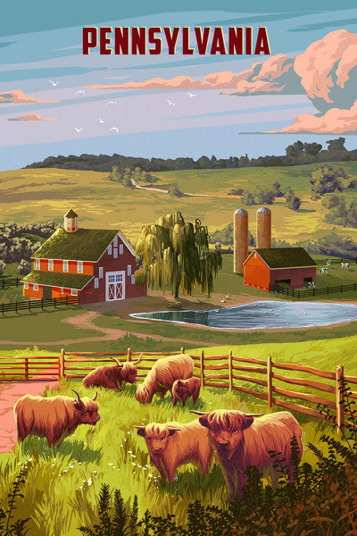 Pennsylvania - Painterly - Highland Cow - Lantern Press Postcard