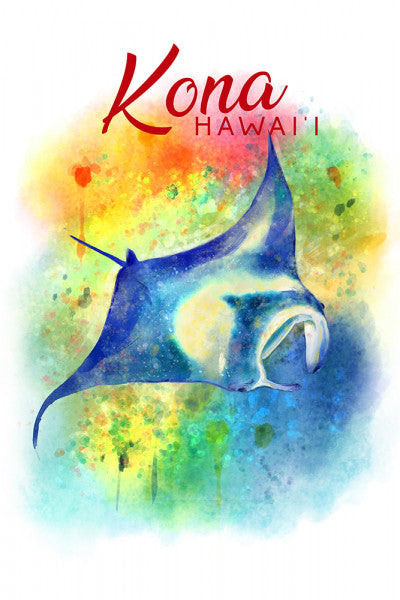 Kona, Hawai'i - Watercolor - Manta Ray - Lantern Press Postcard