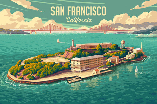 San Francisco, California - Painterly - Alcatraz with Golden Gate Bridge  - Lantern Press Postcard