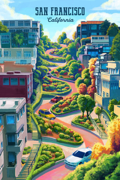 San Francisco, California - Lombard Street - Oil Painting - Lantern Press Postcard