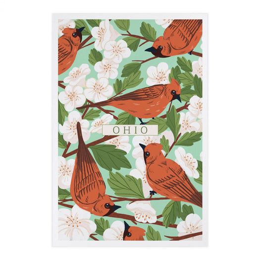 Ohio, Cardinal & Hawthorn Pattern - Lantern Press Postcard