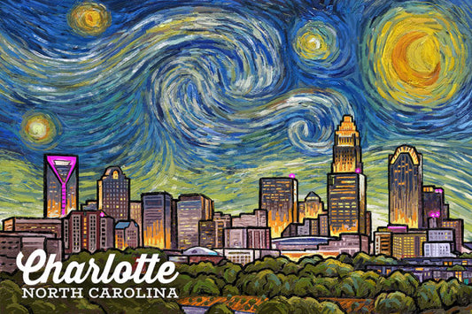 Charlotte, North Carolina - Starry Night - Lantern Press Postcard