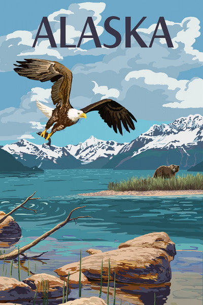 Alaska - Painterly - Lake Scene - Bald Eagle & Bear - Lantern Press Postcard