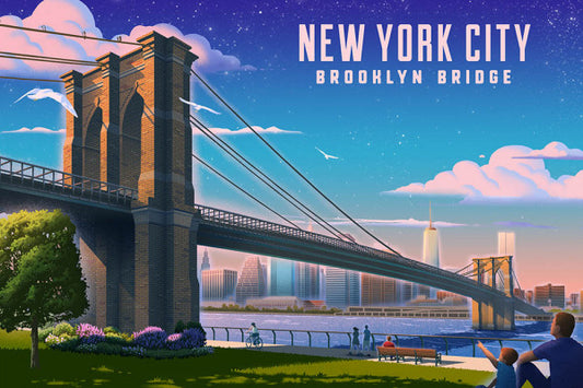 New York City, New York - Lithograph - Brooklyn Bridge at Dusk - Lantern Press Postcard