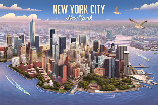 New York City, New York - Lithograph - Lower Manhattan - Lantern Press Postcard