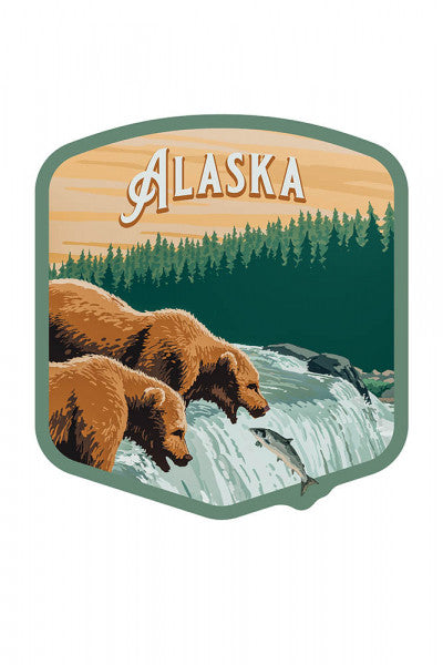 Alaska Grizzly Bears at Salmon Run - vinyl sticker - Lantern Press
