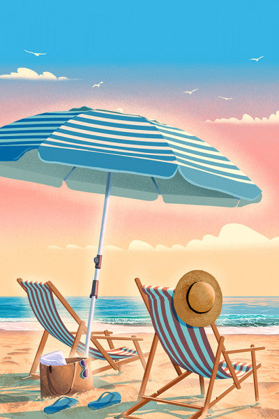 Beach Umbrella & Chair - Lithograph - Lantern Press Postcard