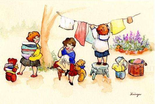 Three Kids Doing Laundry -  Krimgen postcard