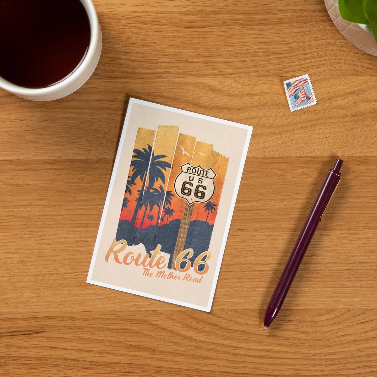 Route 66, The Mother Road, Palm Trees - Lantern Press Postcard