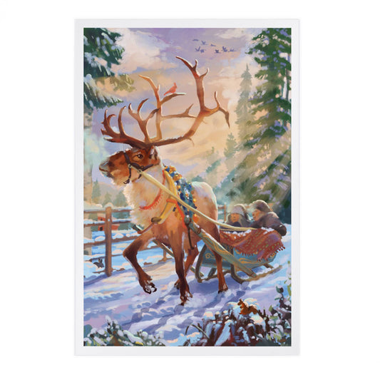 Sleigh Ride Reindeer Christmas - Lantern Press Postcard