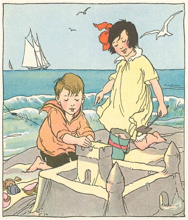 Children Building Sand Castle - Found Image postcard