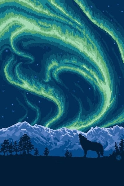 Northern Lights & Wolf - Lantern Press Postcard