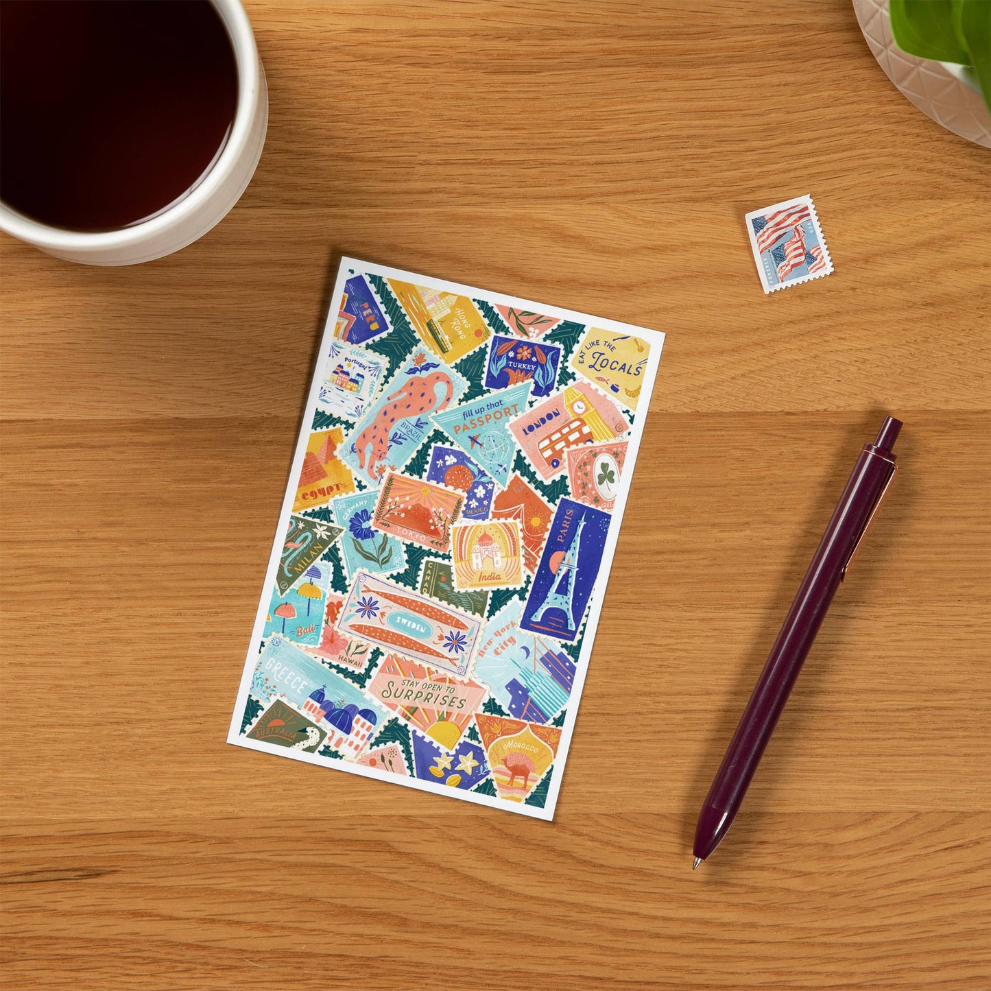 Well Traveled, Travel Stamp Collage - Lantern Press Postcard