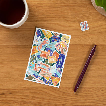 Well Traveled, Travel Stamp Collage - Lantern Press Postcard