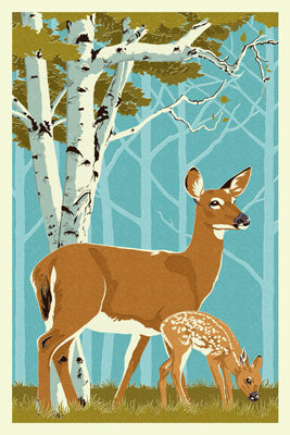 Deer & Fawn - Letterpress - Lantern Press Postcard