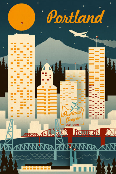 Portland, Oregon - Retro Skyline - Lantern Press Postcard