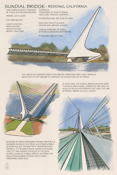 Redding, California - Sundial Bridge - Technical - Lantern Press Postcard