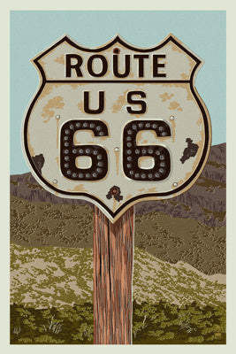 Route 66 Sign - Letterpress - Lantern Press Postcard