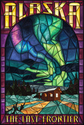 Alaska - Cabin & Northern Lights Stained Glass - Lantern Press Postcard