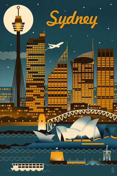 Sydney, Australia - Retro Skyline - Lantern Press Postcard