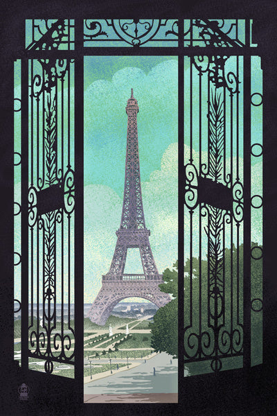 Paris, France - Eiffel Tower & Gate Lithograph Style - Lantern Press Postcard