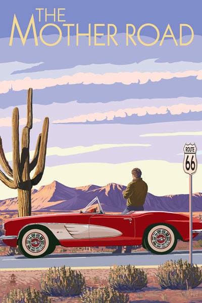 Route 66 - Classic Car in Desert - Lantern Press Postcard