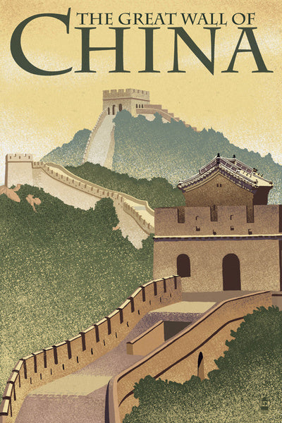 Great Wall of China - Lithograph Style - Lantern Press Postcard