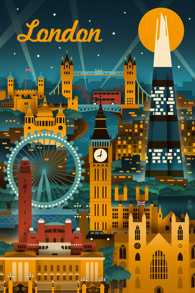 London, England - Retro Skyline - Lantern Press Postcard