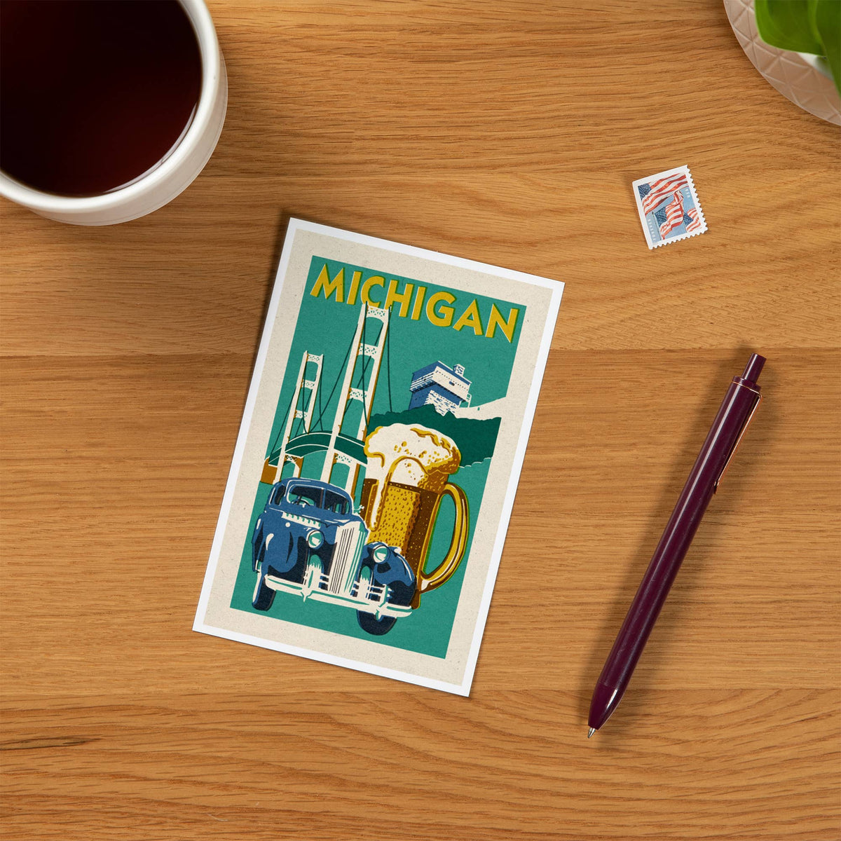 Michigan, Woodblock - Lantern Press Postcard