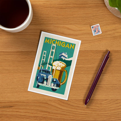 Michigan, Woodblock - Lantern Press Postcard