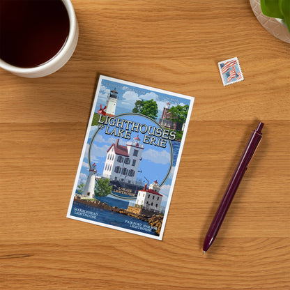 Ohio, Lorain Lighthouses of Lake Erie - Lantern Press Postcard