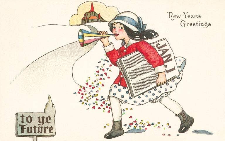 New Year's Greetings, To Ye Future, Newsgirl - Found Image postcard
