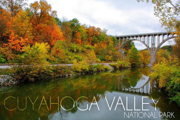 Cuyahoga Valley National Park, Ohio - Fall Foliage & Bridge - Lantern Press Postcard