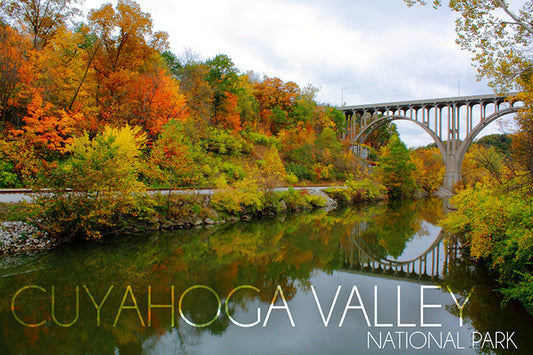 Cuyahoga Valley National Park, Ohio - Fall Foliage & Bridge - Lantern Press Postcard