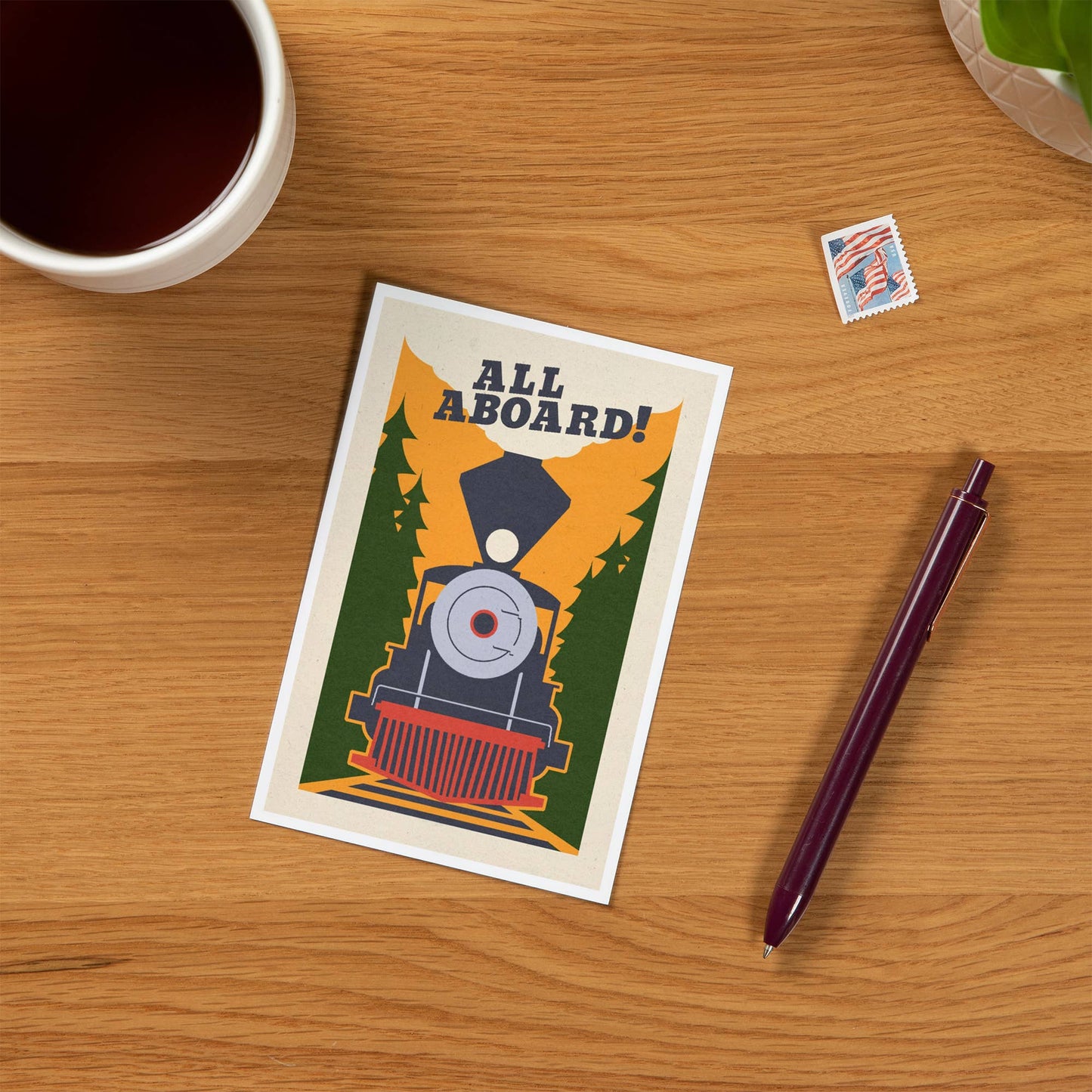Train, All Aboard, Woodblock - Lantern Press Postcard