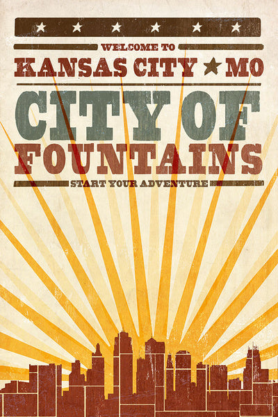 Kansas City, Missouri - Skyline & Sunburst Screenprint Style - Lantern Press Postcard