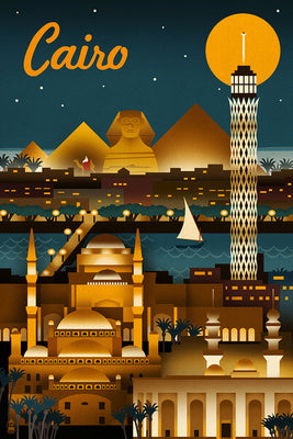 Cairo, Egypt - Retro Skyline - Lantern Press Postcard