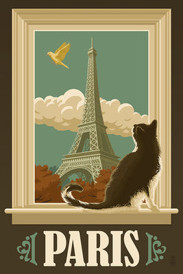 Paris, France - Eiffel Tower & Cat Window - Lantern Press Postcard