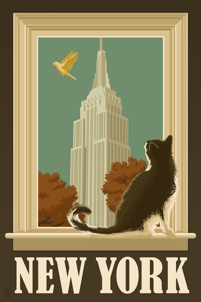 New York, New York - Empire State Building & Cat Window - Lantern Press Postcard