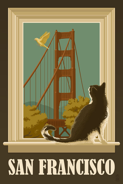 San Francisco, California - Golden Gate Bridge & Cat Window - Lantern Press Postcard