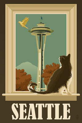 Seattle, Washington - Space Needle & Cat Window - Lantern Press Postcard