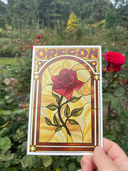 Oregon - Rose Stained Glass - Lantern Press Postcard