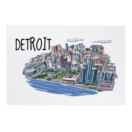 Detroit, Michigan, Line Drawing - Lantern Press Postcard