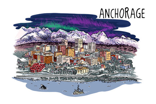 Anchorage, Alaska - Cityscape - Line Drawing - Lantern Press Postcard