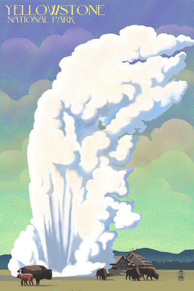Yellowstone National Park - Lithograph - Old Faithful & Bison - Lantern Press Postcard