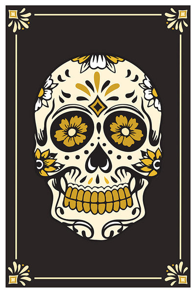 Day of the Dead - Sugar Skull & Flower Pattern (Black & Gold) - Lantern Press Postcard