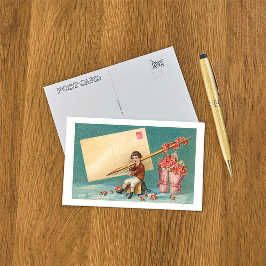 Boy Addressing Giant Postcard - Found Image postcard