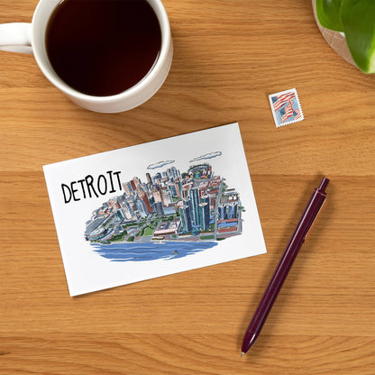 Detroit, Michigan, Line Drawing - Lantern Press Postcard