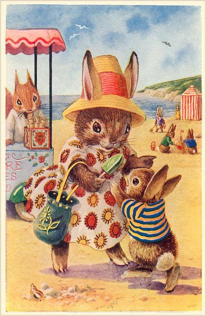 Bunny Family at Beach - Found Image postcard